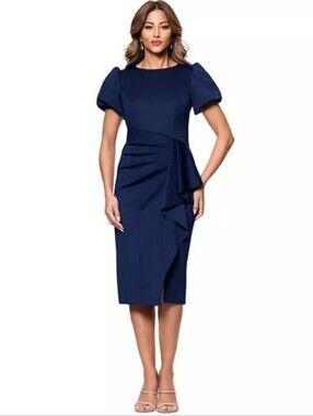 Xscape Navy Blue Ruched Ruffle Sheath Cocktail Dress Sz 14 NWT $209 Party